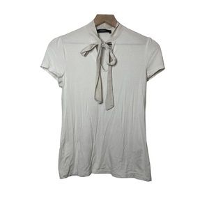 Hallhuber Off-White Viscose-Blend Short Sleeve Tee With Silk Tie Neckline